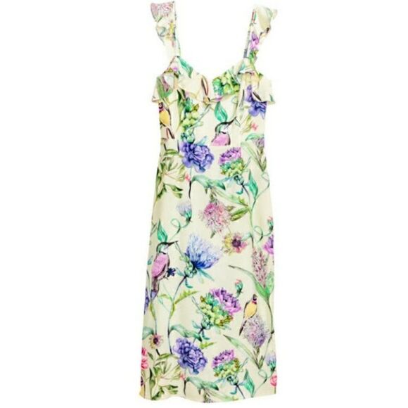H&M Floral Bird Print Midi Sun Dress Open Back Size 4 NEW Yellow Ruffle Strap - Picture 13 of 13